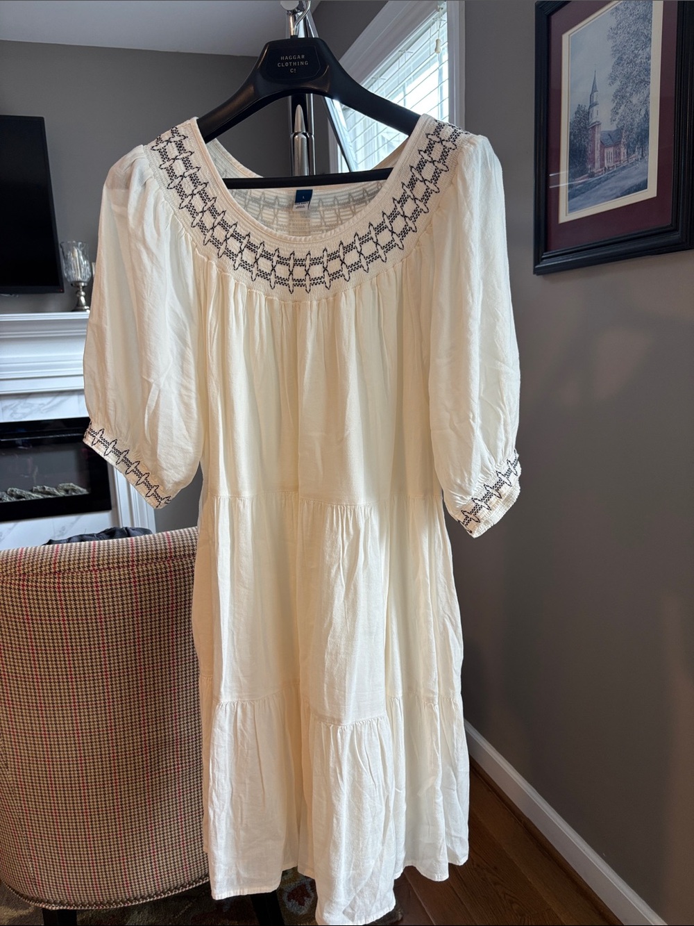 GAP Cream Gauzy Dress with Black Embroidery